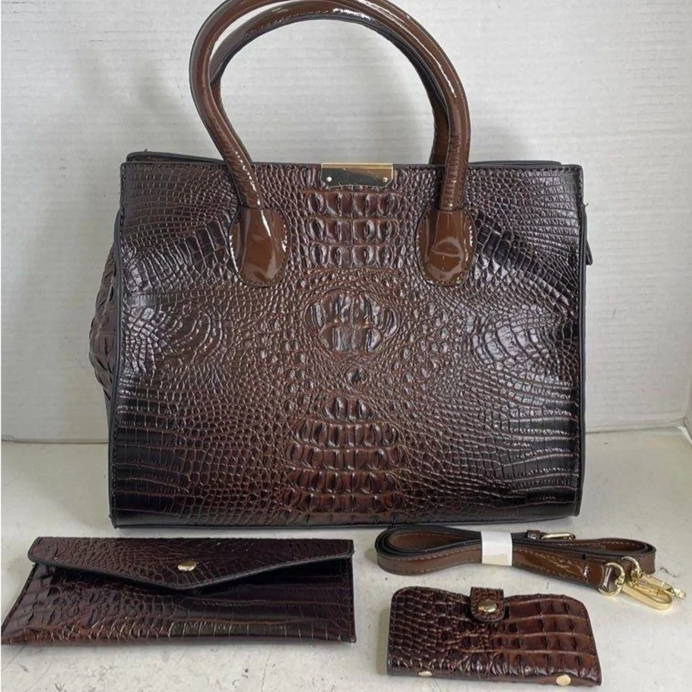 Elegant Brown Crocodile-Embossed Women's Handbag Set.shoulder strap. Unbranded.